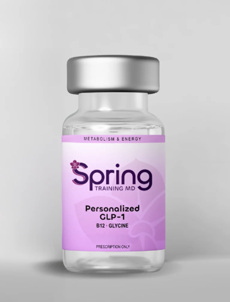 A vial labeled 'Spring Personalized GLP-1' for subcutaneous use.