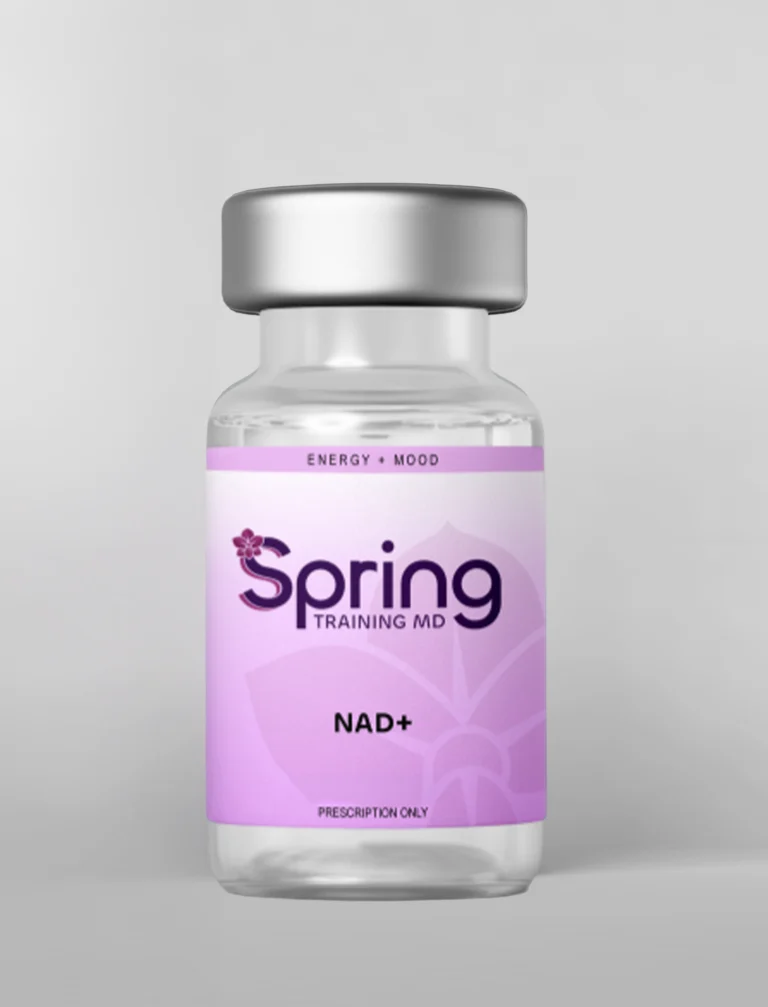 A vial labeled Spring NAD+ supplement with a purple label.