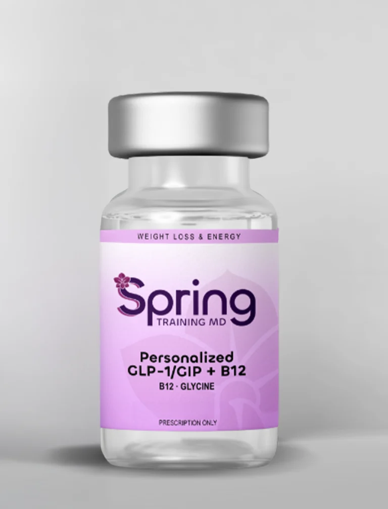 A vial labeled Spring for personalized GLP-1/GIP + B12 injection.