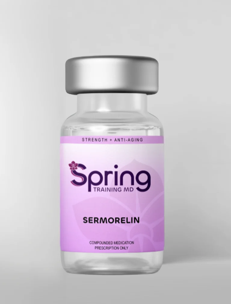 A vial of Spring Training Inc. Sermorelin hormone therapy.