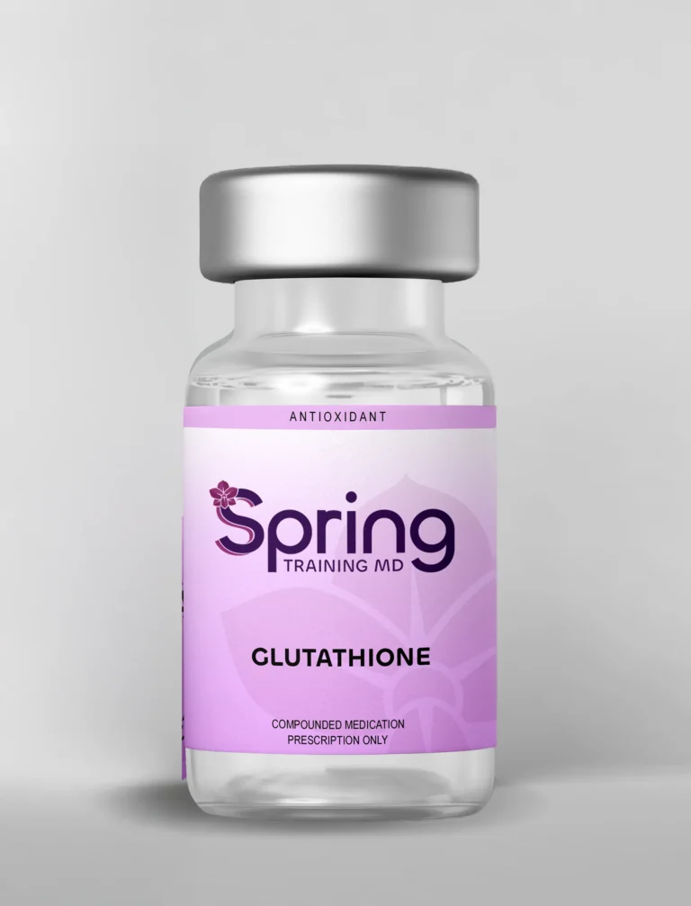 A vial of Spring Glutathione supplement with a purple label.
