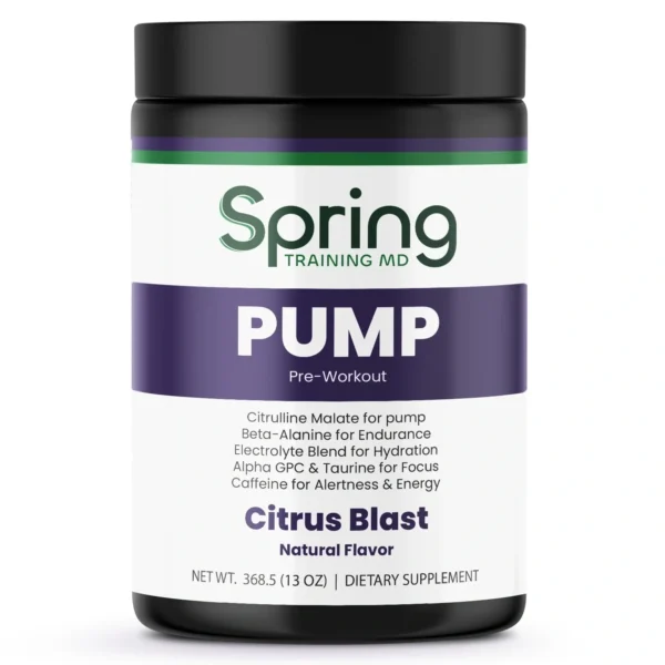 Pre-workout supplement container labeled "Spring Pump". Pre-workout supplement container labeled "Spring Pump".