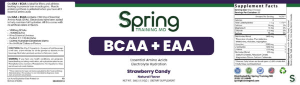 BCAA EAA supplement label, strawberry flavor.