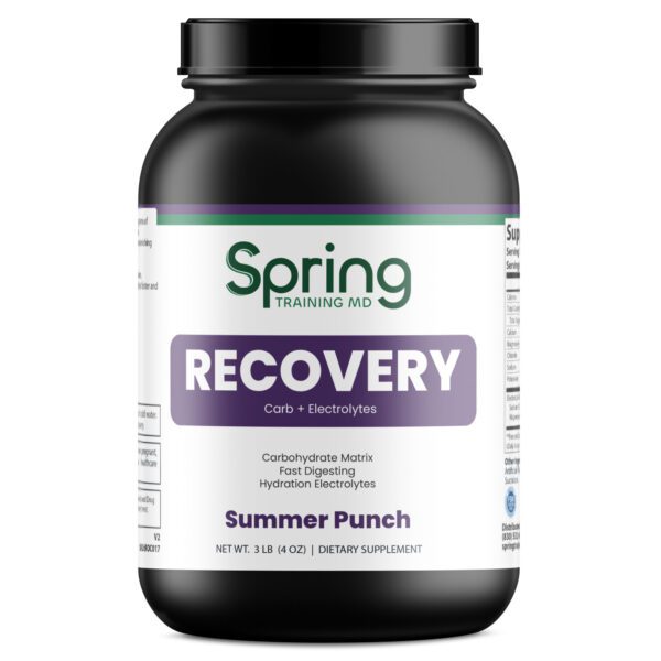 Recovery supplement bottle labeled Summer Punch. Recovery supplement bottle labeled Summer Punch.