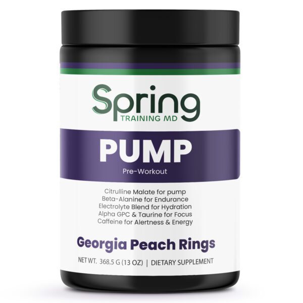 Pre-workout supplement container, Georgia Peach Rings flavor. Pre-workout supplement container, Georgia Peach Rings flavor.