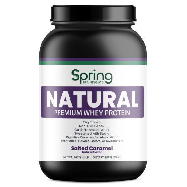 Natural whey protein powder container, salted caramel. Natural whey protein powder container, salted caramel.