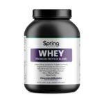 Black container of whey protein powder.