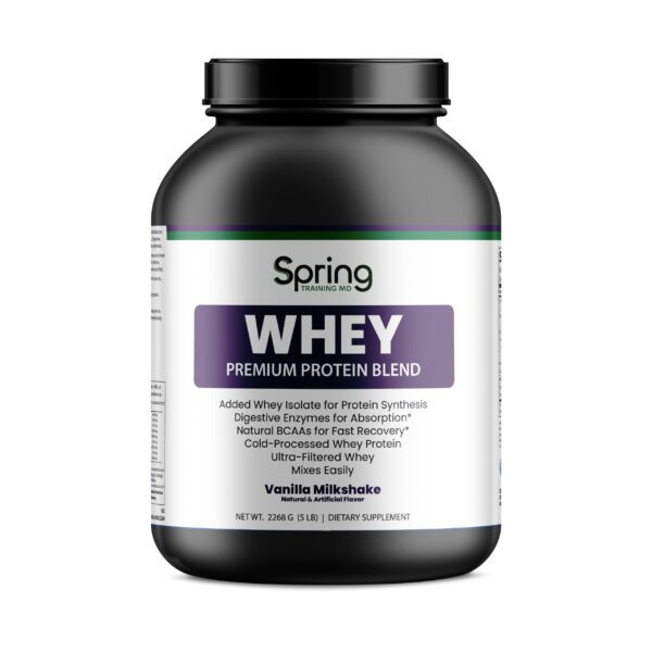 Whey protein blend container, black and purple.