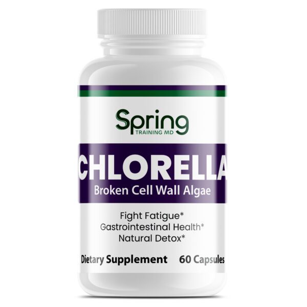 Chlorella dietary supplement bottle with label. Chlorella dietary supplement bottle with label.