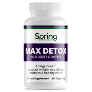 Max Detox supplement bottle with acai berry.
