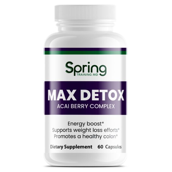 Max Detox supplement bottle with acai berry. Max Detox supplement bottle with acai berry.