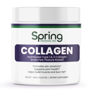 Collagen supplement jar with product details.