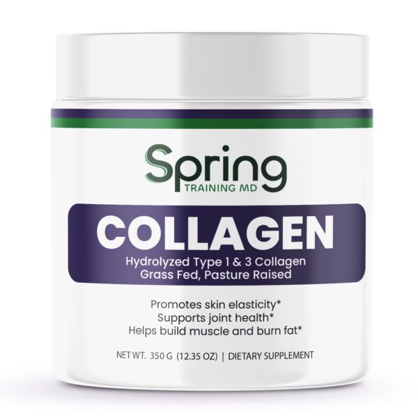 Collagen supplement jar with product details. Collagen supplement jar with product details.