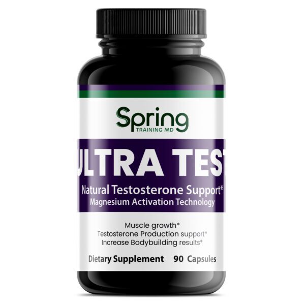 Testosterone support supplement bottle, 90 capsules.