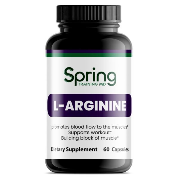 L-Arginine supplement bottle with 60 capsules. L-Arginine supplement bottle with 60 capsules.