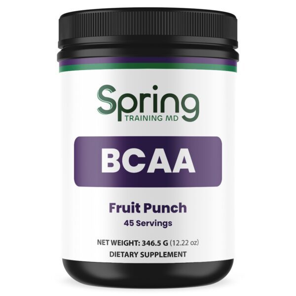 BCAA supplement container labeled "Fruit Punch.