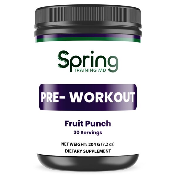 Pre-workout supplement jar, fruit punch flavor.