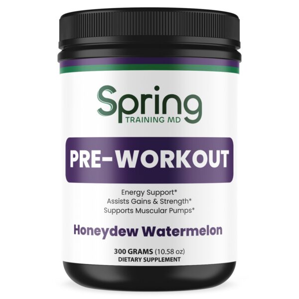 Pre-workout supplement container, honeydew watermelon flavor. Pre-workout supplement container, honeydew watermelon flavor.