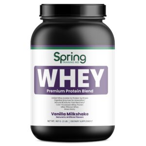 Black container of vanilla whey protein powder.