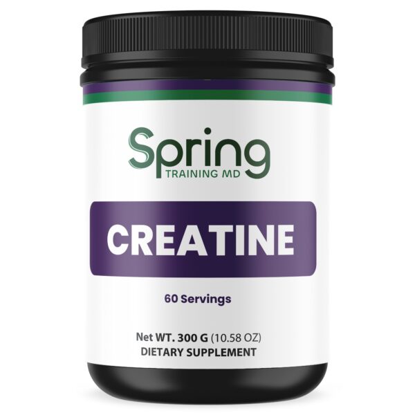 Creatine supplement jar, 60 servings, Spring brand. Creatine supplement jar, 60 servings, Spring brand.