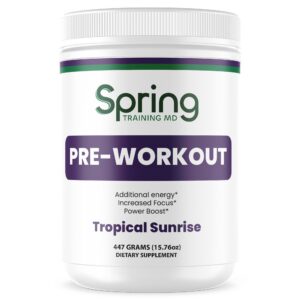 Pre-workout supplement container, Tropical Sunrise flavor.