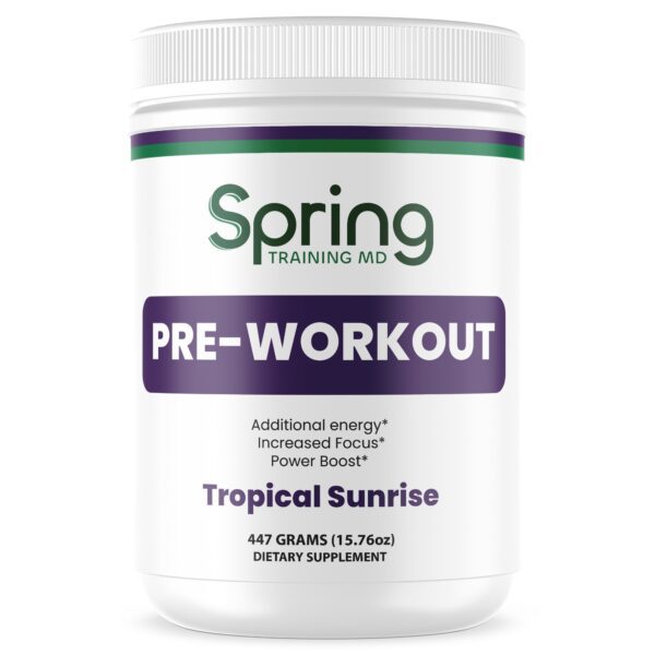 Pre-workout supplement container, Tropical Sunrise flavor.