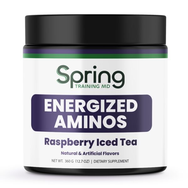 Energized Aminos Raspberry Iced Tea supplement container. Energized Aminos Raspberry Iced Tea supplement container.