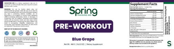 Pre-workout supplement label, blue grape flavor.