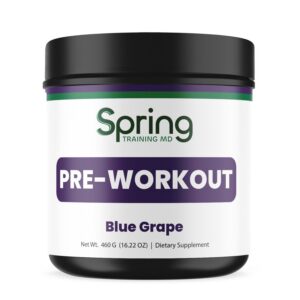 Pre-workout supplement container, blue grape flavor.