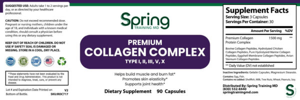 Collagen complex supplement bottle label.