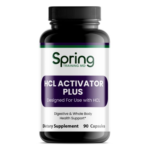 Black bottle labeled "HCL Activator Plus" supplement. Black bottle labeled "HCL Activator Plus" supplement.