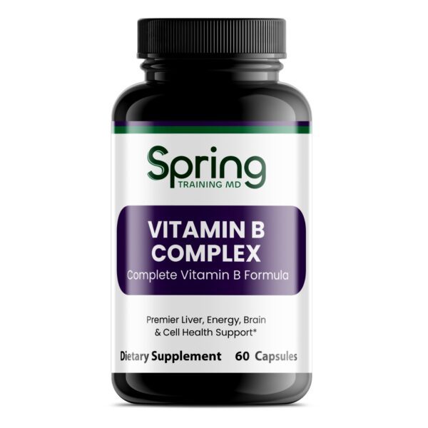 Vitamin B Complex supplement bottle, 60 capsules. Vitamin B Complex supplement bottle, 60 capsules.