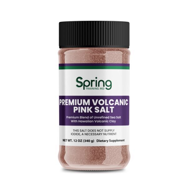 Premium volcanic pink salt in jar.