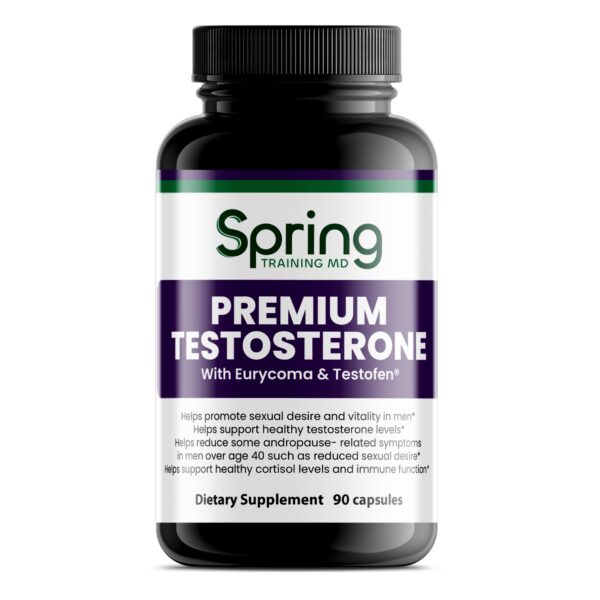 Testosterone supplement bottle, 90 capsules, dietary supplement. Testosterone supplement bottle, 90 capsules, dietary supplement.
