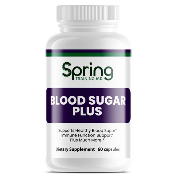 Dietary supplement bottle labeled Blood Sugar Plus.