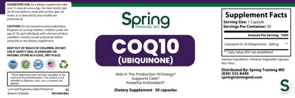 COQ10 supplement label with usage instructions.