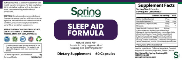 Sleep aid formula supplement label.