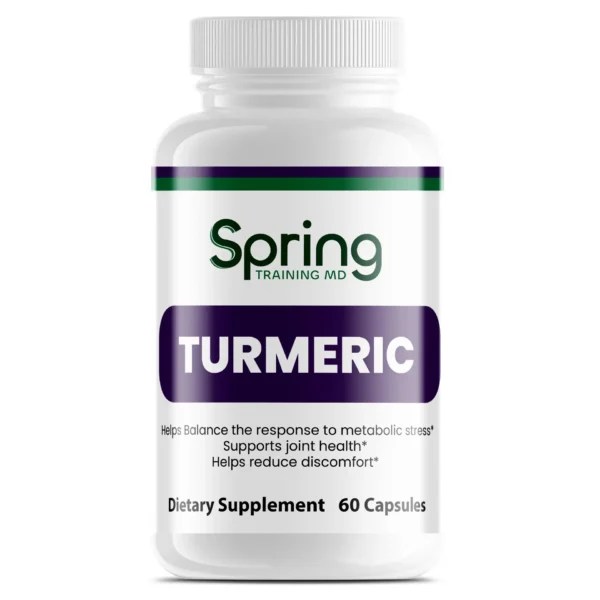 Turmeric supplement bottle with 60 capsules. Turmeric supplement bottle with 60 capsules.