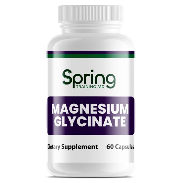 Magnesium Glycinate supplement bottle, 60 capsules. Magnesium Glycinate supplement bottle, 60 capsules.