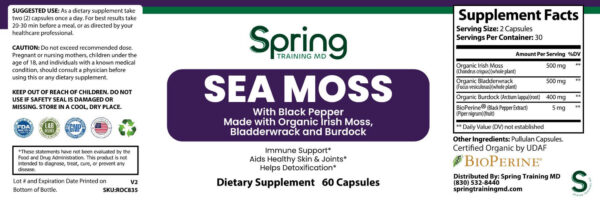 Sea Moss dietary supplement label with ingredients.