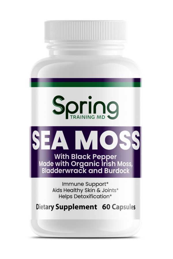 Sea Moss dietary supplement bottle with label. Sea Moss dietary supplement bottle with label.