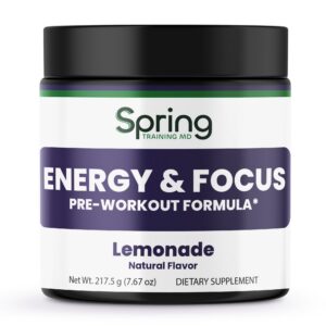 Pre-workout supplement jar labeled "Energy & Focus".