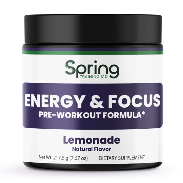 Pre-workout supplement jar labeled "Energy & Focus".