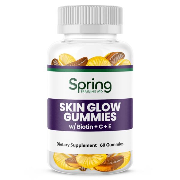 Skin Glow Gummies bottle with vitamins. Skin Glow Gummies bottle with vitamins.