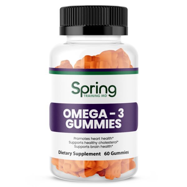 Omega-3 gummies supplement bottle, 60 count. Omega-3 gummies supplement bottle, 60 count.