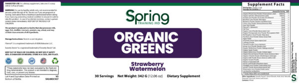 Organic greens supplement label, strawberry watermelon flavor.