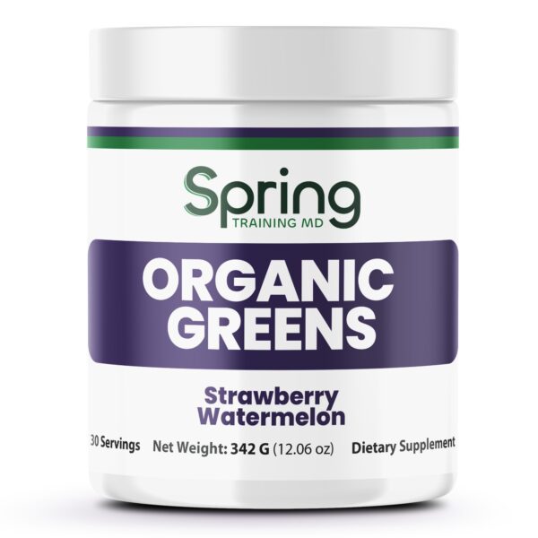 Organic greens supplement, strawberry watermelon flavor.