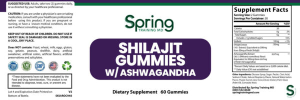 Shilajit gummies with ashwagandha supplement label.