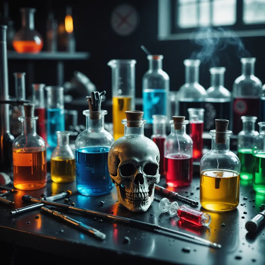 Colorful lab glassware with skull centerpiece.